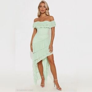 Elegant Off-Shoulder Mint Ruffle Dress